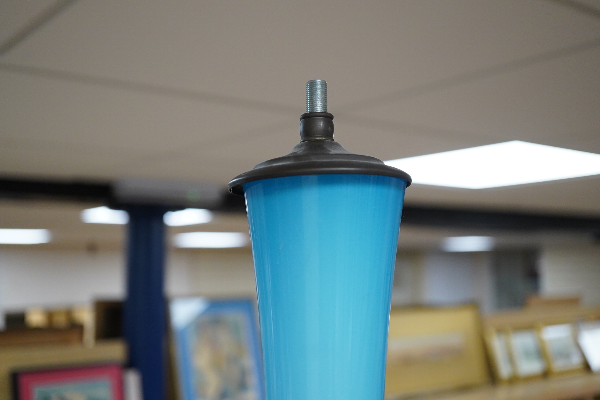 A Vincenza blue glass standard lamp base and a Italian Blenko oversized bottle and stopper, largest 143cm